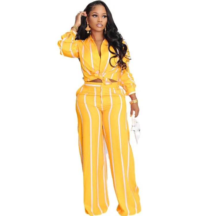 Women 2 Pieces Set Striped Shirt & Wide Leg Pants Set Clothes Suit Long Sleeve Casual Flower Shirts Streetwear Pants Set