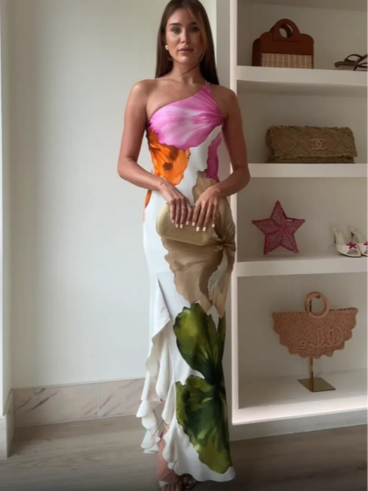 Fashion Printed Curling Edge Off-Shoulder Dress – Irregular Neck, Open Fork Gown for Summer Cocktail Parties | New Women’s Vestido