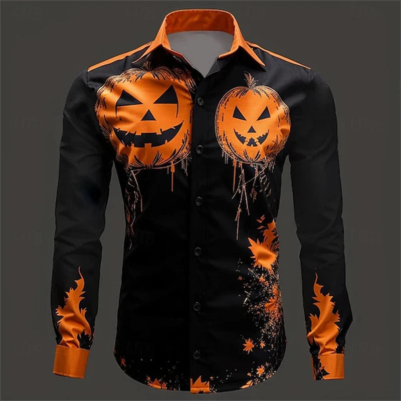 2024 New Men's Halloween Fashion Shirt 3D Devil Pumpkin Print Long Sleeve Halloween Street Buttoned Single Breasted Shirt S-5XL