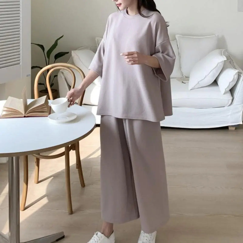 Loose Suit for Women Pajamas Pants Set Female Home Clothes 2 Pieces Set Simple Solid Casual T-shirt Pants Set O-neck Lounge Wear