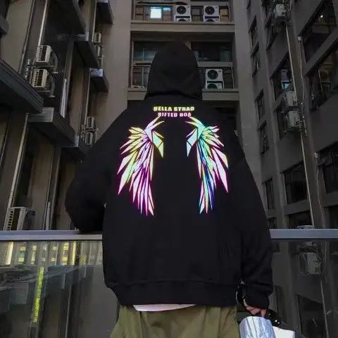 Reflective Wings Print Hoodie Women Winter Autumn Men Tops Ulzzang Hip Hop Harajuku Pullover Couple Hoodie Sweatshirts 2023