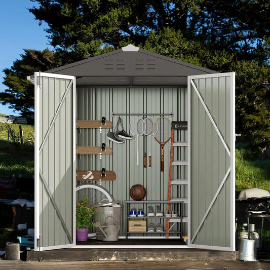 Metal Outdoor Storage 6 x 8 FT Metal Shed with Lockable Door,Waterproof Garden Tool Shed Storage House for Backyard, White