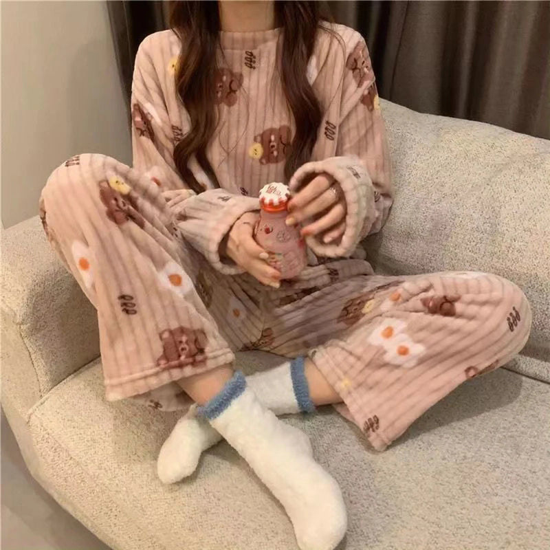 Women Velvet Pajama Set Fleecing Warm Loose Top And Elastic Waist Pants Home Casual Warm Woolen Suit Women 2023 Autumn Winter