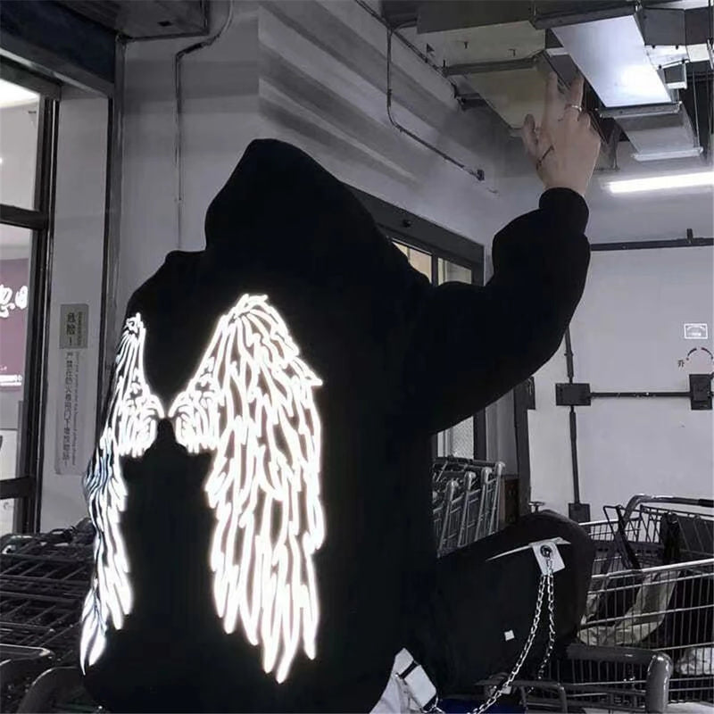 Spring Hip Hop Streetwear Harajuku Reflective Wing Printing Pullover Fashion Hooded Sweatshirt Male Clothing