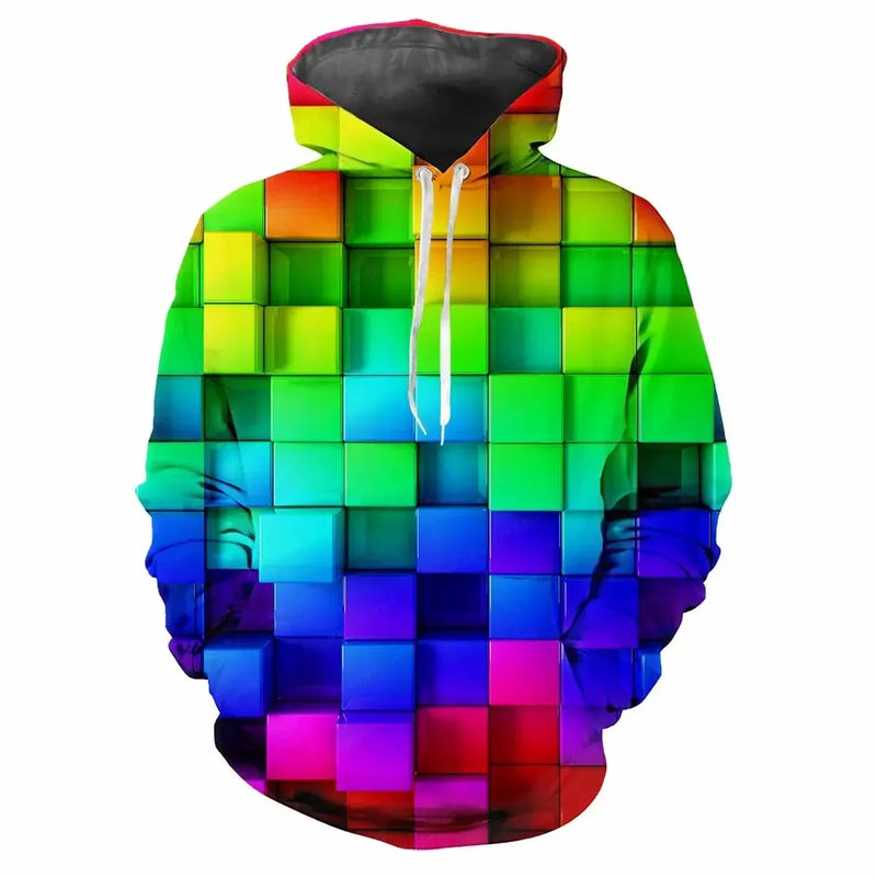 Trendy men's Hoodie Printed  Color Lattice Patterns Digital Printing Casual Long Sleeved Hooded Thick Fabric Tops