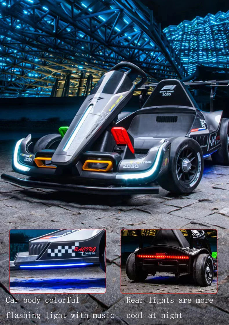 new design 360 degree drifting 24V 10A battery dual drive electric go kart with EVA soft cushion and cool flashing light for kid