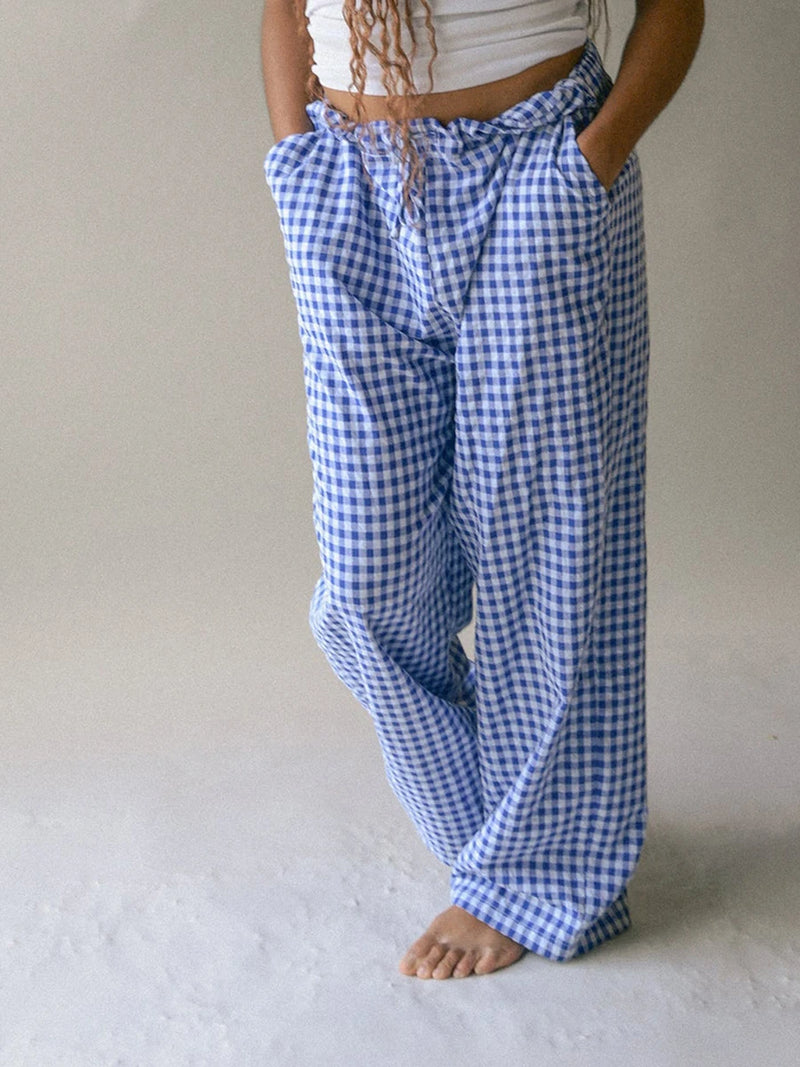 Gaono Comfy Wide Leg Pants Vintage Elastic Waist Plaid Striped Print Pants Women Lounge Trousers Pockets 00s Retro Pajams Bottom