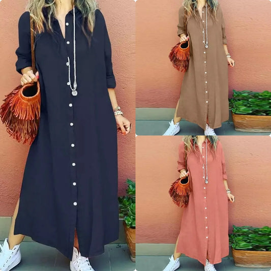 Women Cotton Linen Shirt Long Dress Casual Long Sleeve Open Shirt Skirt Comfortable Korean Style