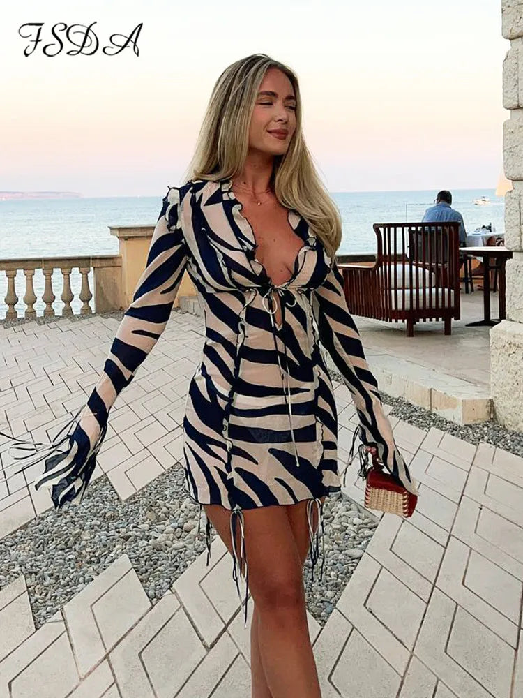 FSDA 2022 Print Long Sleeve Mini Summer Beach Dress Ruffles Mesh Sexy Party Dresses Bodycon Bandage See Through 90s Club