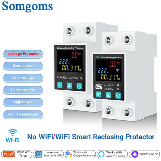Tuya WiFi 63A 2-Pole Smart Protector Relay: Earth Leakage Switch + Voltage Monitor + Energy kWh Meter | SmartLife App Control
