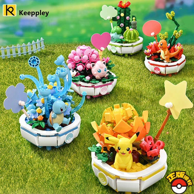 New Pokemon Building Block Pikachu Charmander Squirtle Model Toy Home Decoration Plant Potted  Flower Brick Girl Toy Child Gift