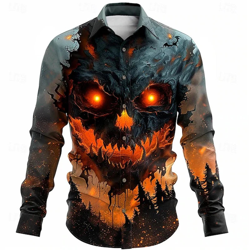 2024 New Men's Halloween Fashion Shirt 3D Devil Pumpkin Print Long Sleeve Halloween Street Buttoned Single Breasted Shirt S-5XL