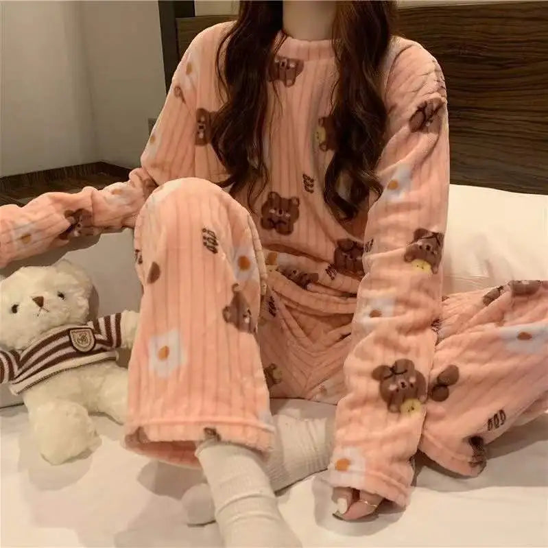 Women Velvet Pajama Set Fleecing Warm Loose Top And Elastic Waist Pants Home Casual Warm Woolen Suit Women 2023 Autumn Winter