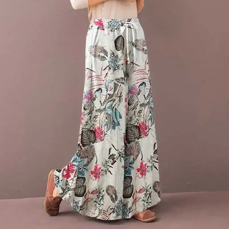 Retro Women Printing Wide Leg Pants Spring Autumn Fashion Drawstring Elastic Waist Trousers Ladies Casual Loose Pocket Pantalon