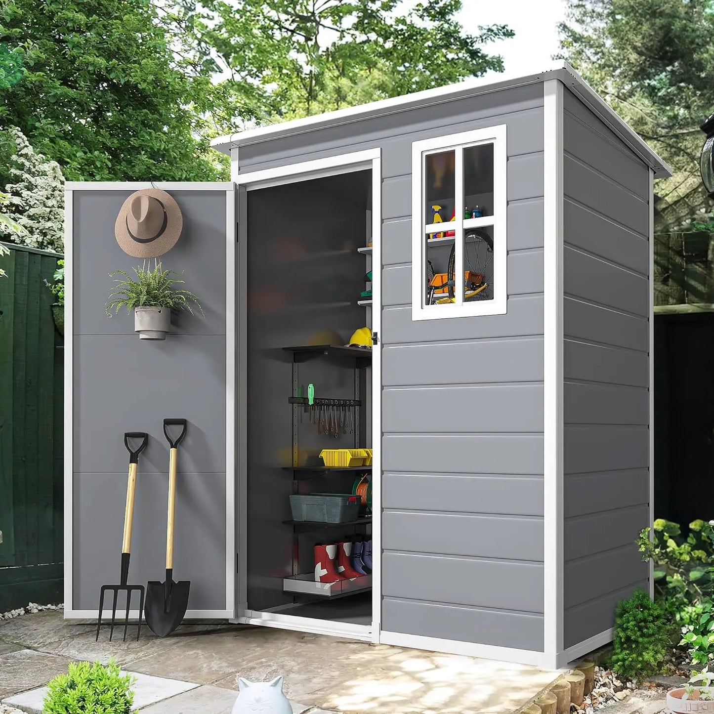 DWVO 5x3ft Resin Outdoor Storage Shed with Floor, Waterproof Lockable Storage Shed with Window, Plastic Outside Tool Storagex