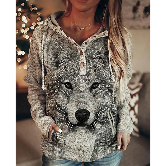 Wolf Hoodie Women Fashion Oversized Hoodies Vintage Sweats Girls Coat Women Sweatshirt Coat Hooded Pullover Owl Tracksuit Autumn