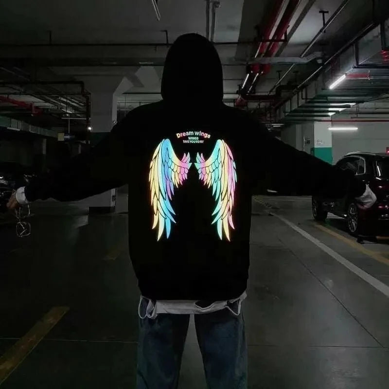 Spring Hip Hop Streetwear Harajuku Reflective Wing Printing Pullover Fashion Hooded Sweatshirt Male Clothing