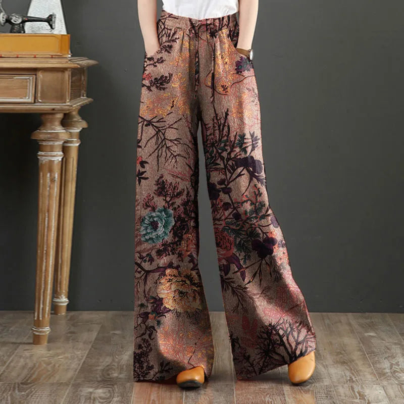 Women Vintage Floral Printed Wide Leg Pants Autumn Trousers Casual Elastic Waist Loose Palazzo Bohemian Holiday Pantalon