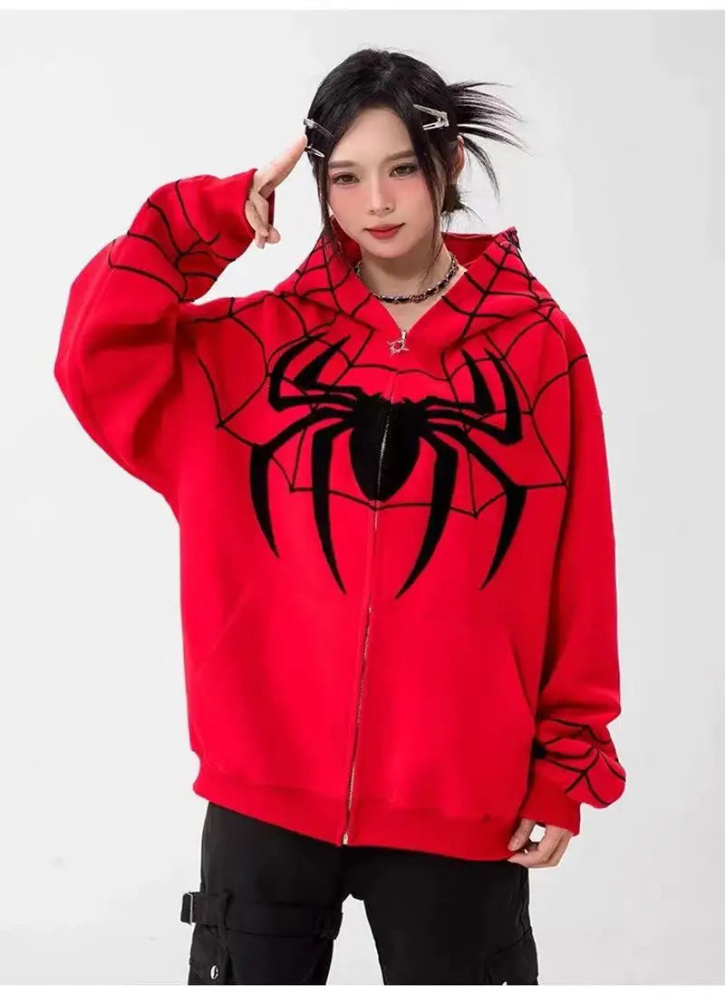 Gothic Y2k Anime Embroidery Zipper Spider Hoodies Men Sweatshirt Clothes Harajuku Oversize Hip Hop Long Sleeve Hoodie Men Women