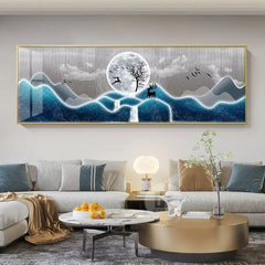 Chinese Style Golden Leaves & Deer Canvas Painting – Feng Shui Mountain Wall Art for Living Room (Unframed)