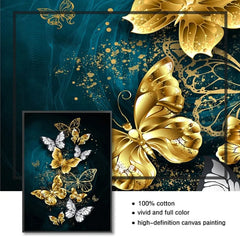 Big Yellow Butterfly & Abstract Golden Blue Butterfly Wall Art – Modern Prints for Living Room Decoration