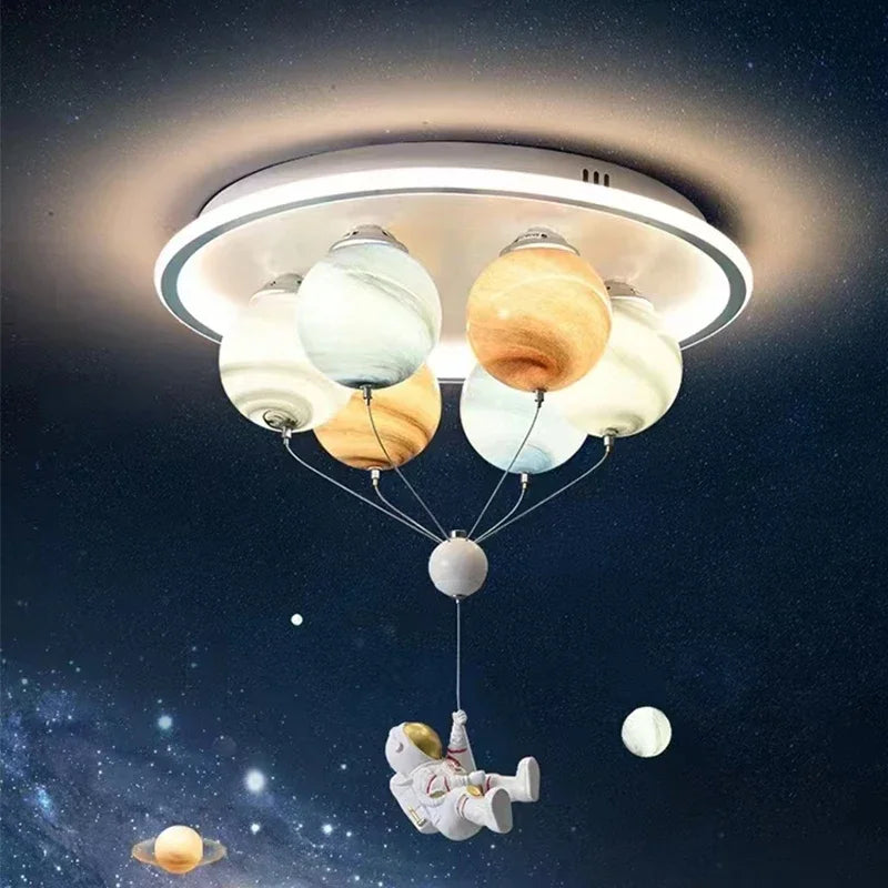 Modern Astronaut Led Ceiling Light with Creative Planet and Flying Spaceship Design for Kids' Room Decor