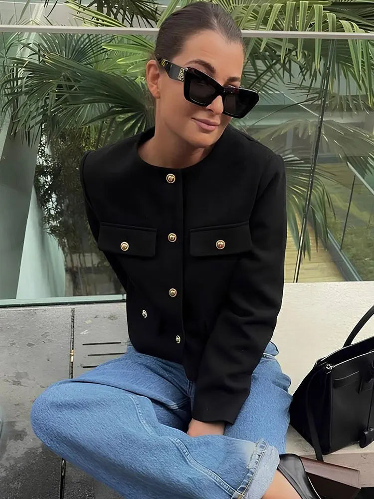 Women Elegant Cropped Jacket 2024 Women's Fashion Jacket O-Neck Long Sleeved Flip Pocket Coat Female Casual Outwear Tops