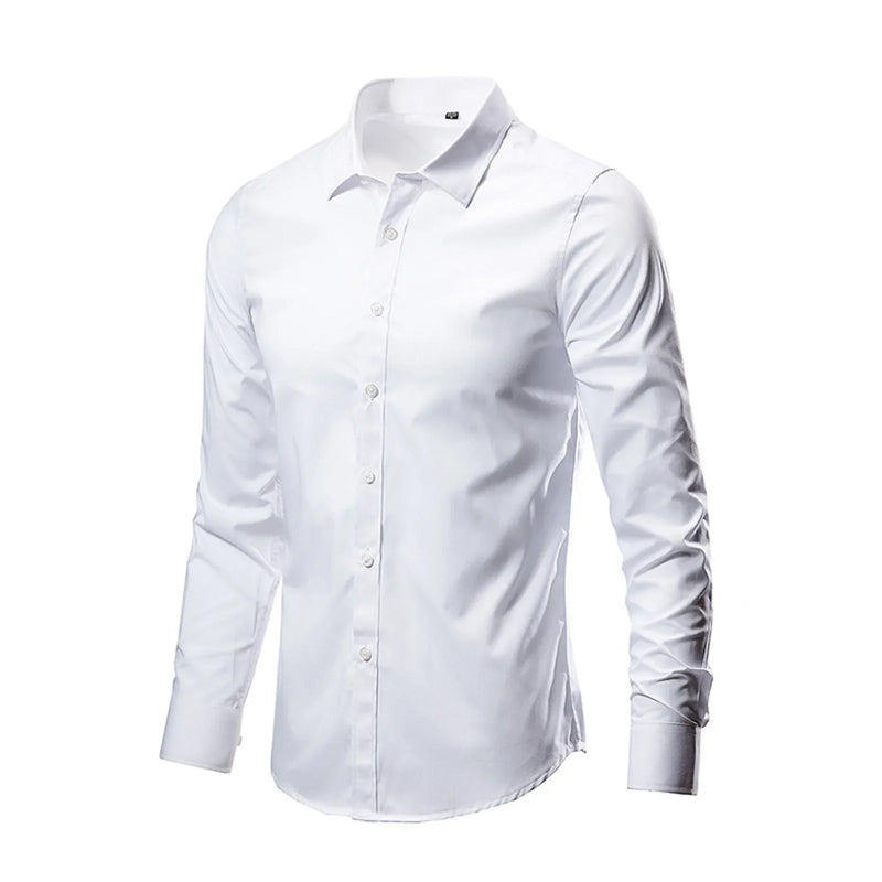 Mens Elastic White Dress Shirts Slim Fit Long Sleeve Button Down Formal Business Shirt Men Easy Care Non-Iron Chemise Homme 4XL