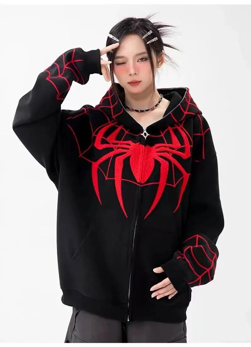 Gothic Y2k Anime Embroidery Zipper Spider Hoodies Men Sweatshirt Clothes Harajuku Oversize Hip Hop Long Sleeve Hoodie Men Women