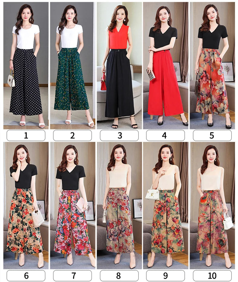 Summer Wide Leg Pants Women Loose High Waist Beach Ankle-Length Trousers Summer Casual Retro Print Plaid Pants