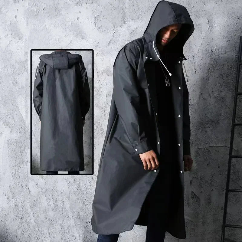 Black Fashion Adult Waterproof Long Raincoat Ladies Men Raincoat Hooded Outdoor Hiking Trip Fishing Mountaineering