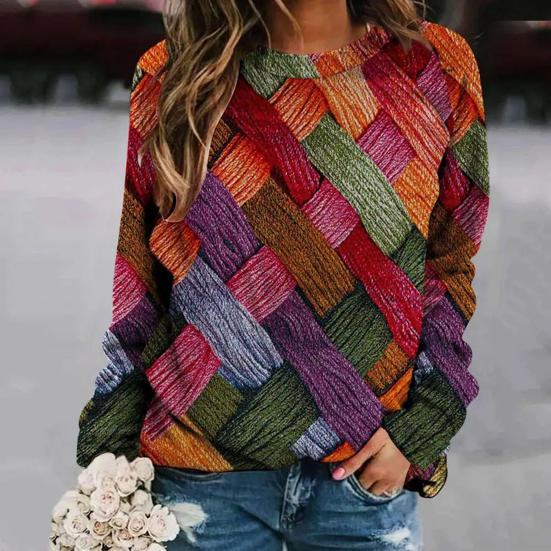 Women Sweater Top Colorful Print Round Neck Long Sleeve Loose Pullover for Women Retro Spring Top Sweater