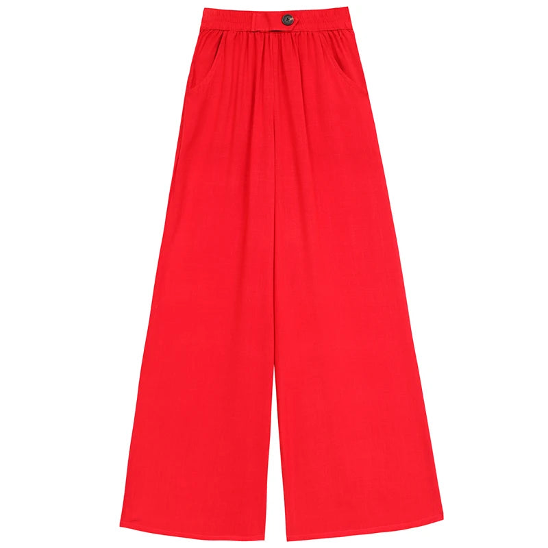 Summer Wide Leg Pants Women Loose High Waist Beach Ankle-Length Trousers Summer Casual Retro Print Plaid Pants