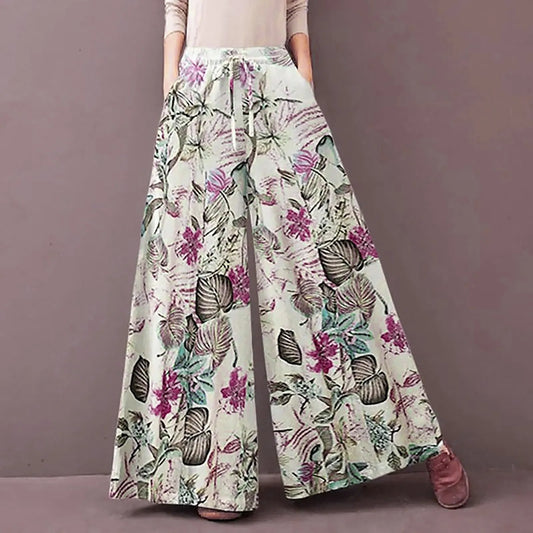 Women'S Casual Floral Printed Pants Belt Elastic Waist Wide Leg Pants Pocket Long Wide Leg Trousers Pantalones De Mujer 바지