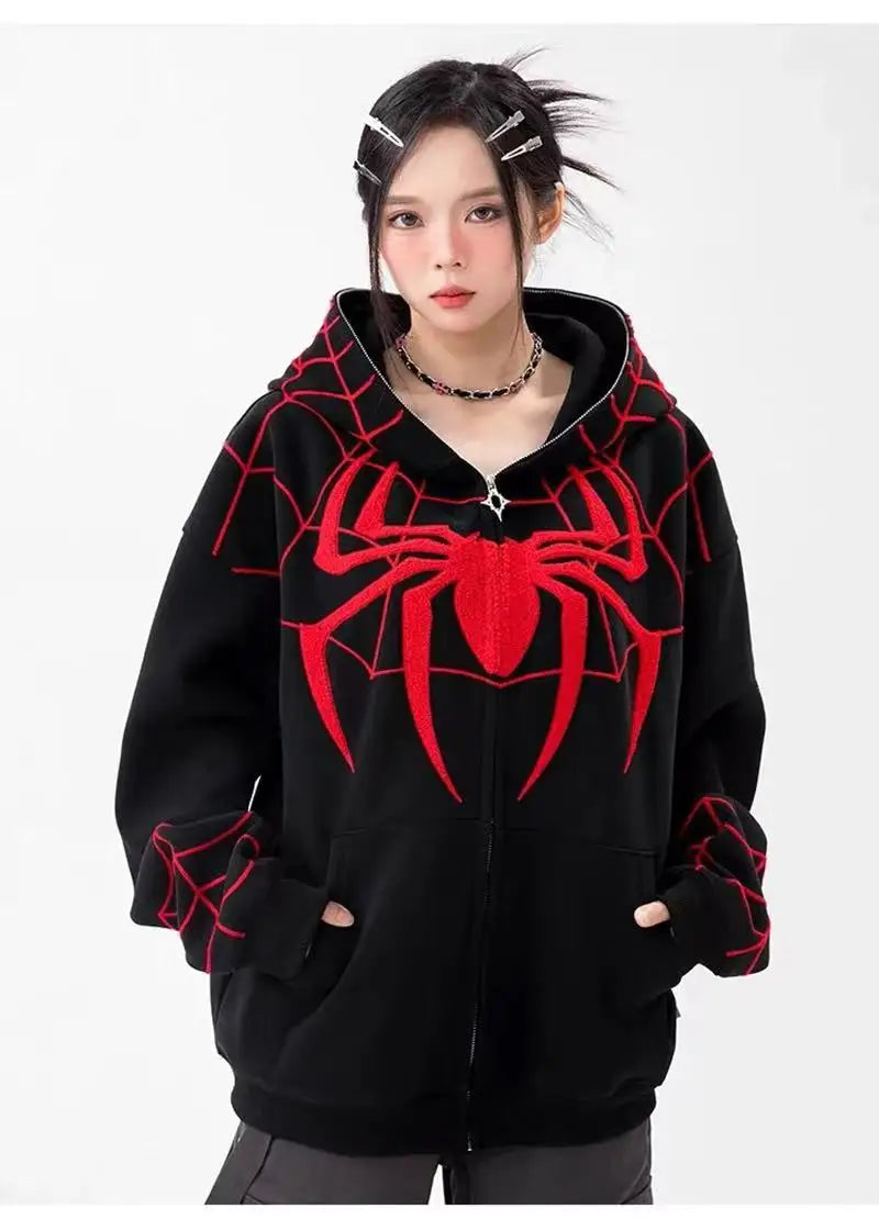 Gothic Y2k Anime Embroidery Zipper Spider Hoodies Men Sweatshirt Clothes Harajuku Oversize Hip Hop Long Sleeve Hoodie Men Women