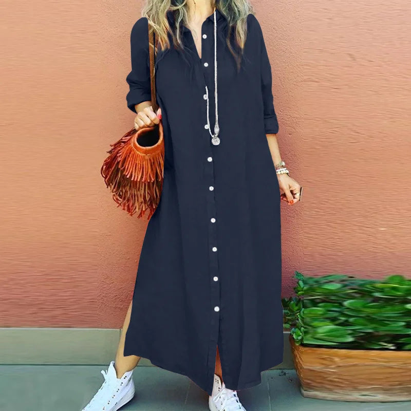 Women Cotton Linen Shirt Long Dress Casual Long Sleeve Open Shirt Skirt Comfortable Korean Style