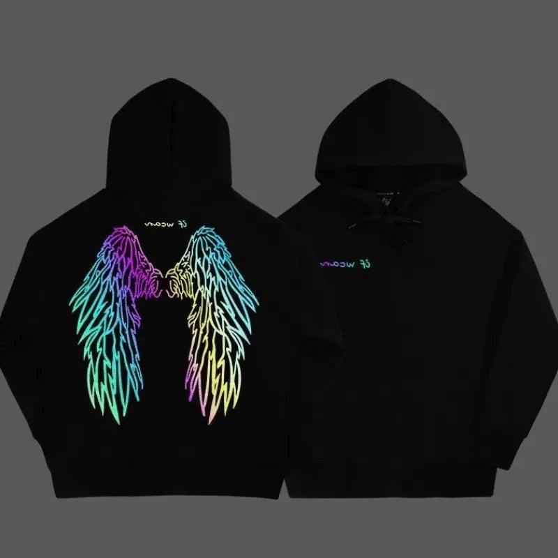 Spring Hip Hop Streetwear Harajuku Reflective Wing Printing Pullover Fashion Hooded Sweatshirt Male Clothing