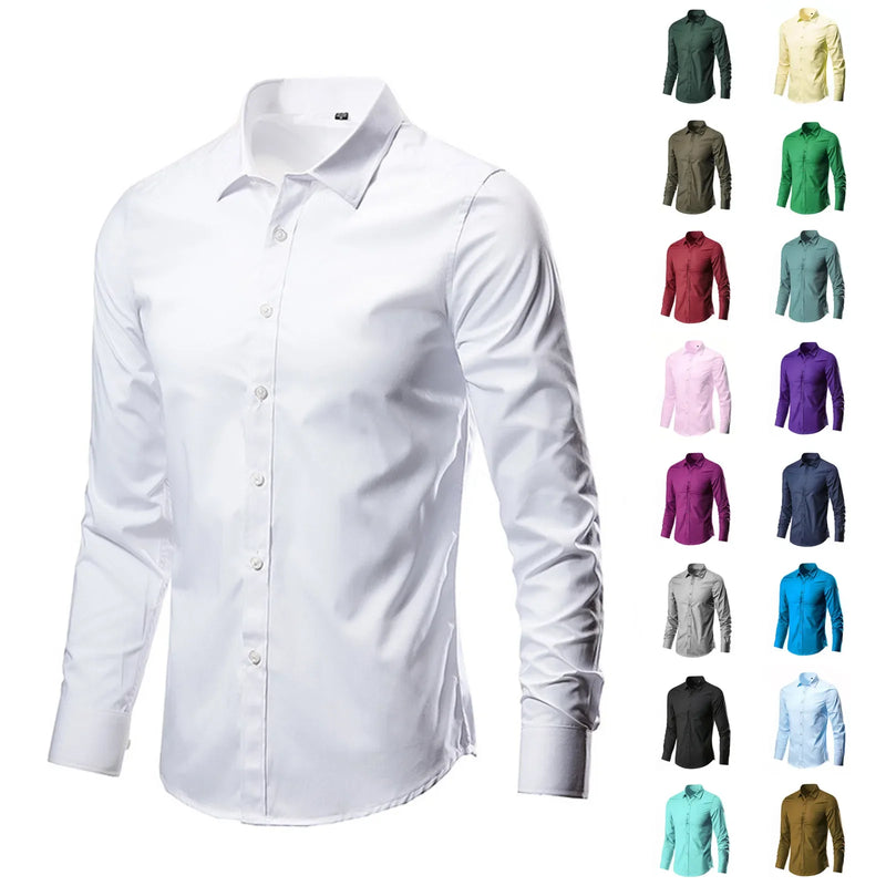 Mens Elastic White Dress Shirts Slim Fit Long Sleeve Button Down Formal Business Shirt Men Easy Care Non-Iron Chemise Homme 4XL