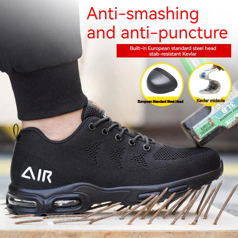 Work Safety Shoes For Men Women Air Cushion Breathable Work Sneakers Steel Toe Shoes Anti-puncture Safety Protective Black Shoes