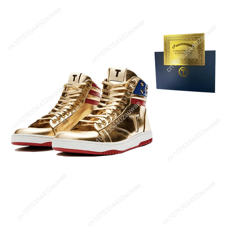 Trump 2024 NEVER SURRENDER Gold Sneakers – Premium Big Size Shiny Mirror Finish Men's MAGA Casual Streetwear Running Shoes