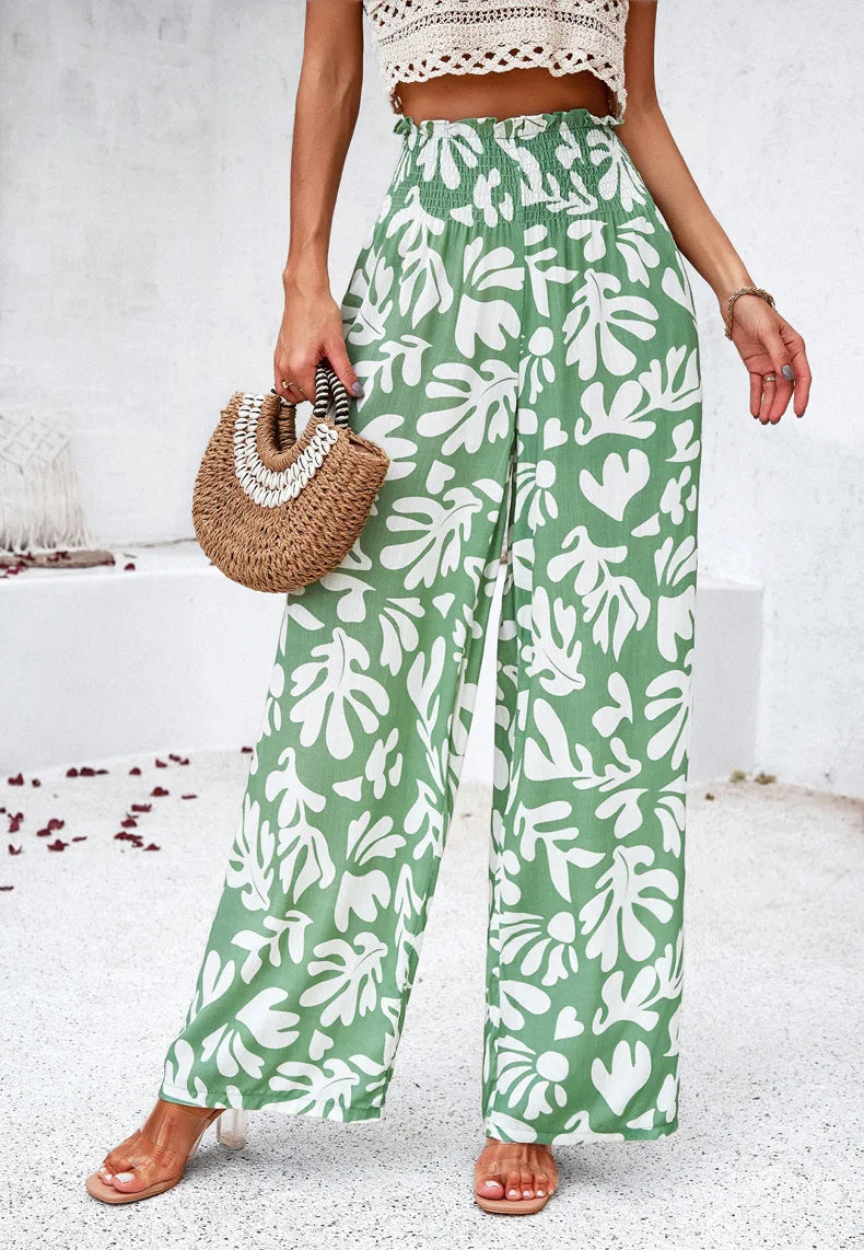 Print Floral Casual Pants Fashion Women Office Sweet High Waist Wide Leg Long Pants New 2024 Holiday Loose Trousers