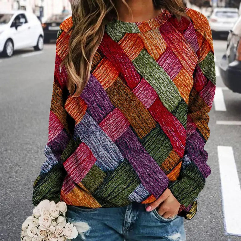 Women Sweater Top Colorful Print Round Neck Long Sleeve Loose Pullover for Women Retro Spring Top Sweater