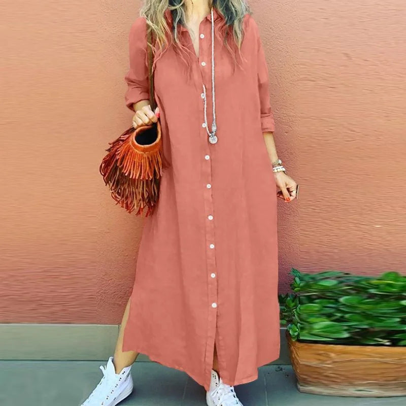 Women Cotton Linen Shirt Long Dress Casual Long Sleeve Open Shirt Skirt Comfortable Korean Style