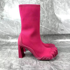 Rose Red & White Leather Five-Finger Boots: Hollow Heel Designer Ankle Booties | Sporty Tabi Inspired Split-Toe Shoes for Autumn & Winter Fashion