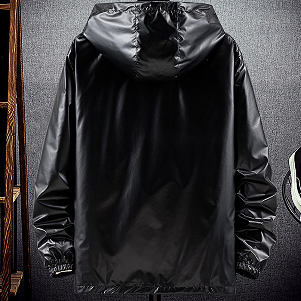 Men Hooded Jacket Zipper Solid Fashion Bright Black Silver Color Hoodies Waterproof Spring Autumn Elastic Cuff Coat Streetwear