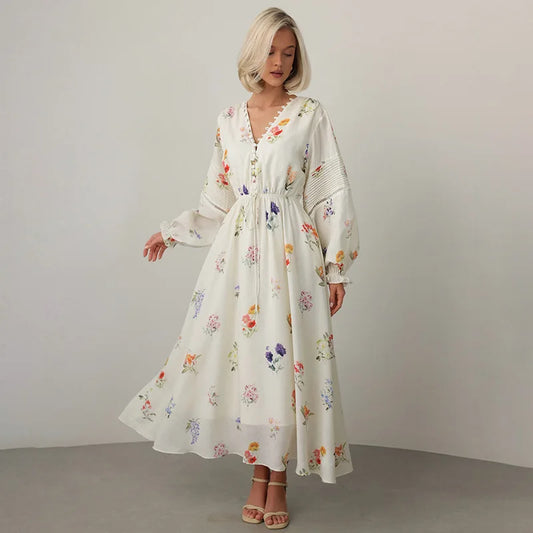 Sweet Floral Printed Backless Maxi Dress for Women – Lantern Sleeve, High Waist Long Robe | Summer Vacation Outfit