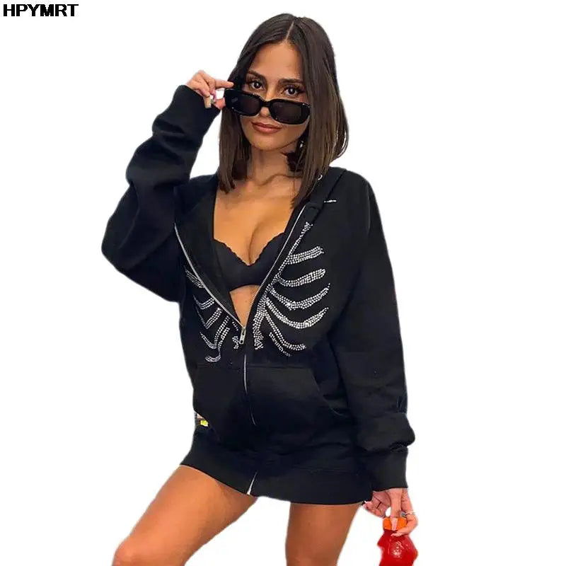 Hoodie sternum hot drill print cool Jacket Coat Women hip-hop streetwear Harajuku Anime hoodies coat zipper punk girl Tops