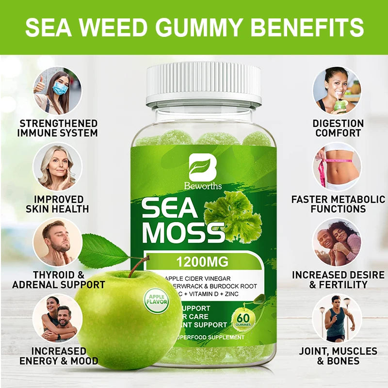 Sea Moss Gummies-Made with Bladderwrack & Burdock Root - Seamoss Supplement for Thyroid, Energy, Immune Support