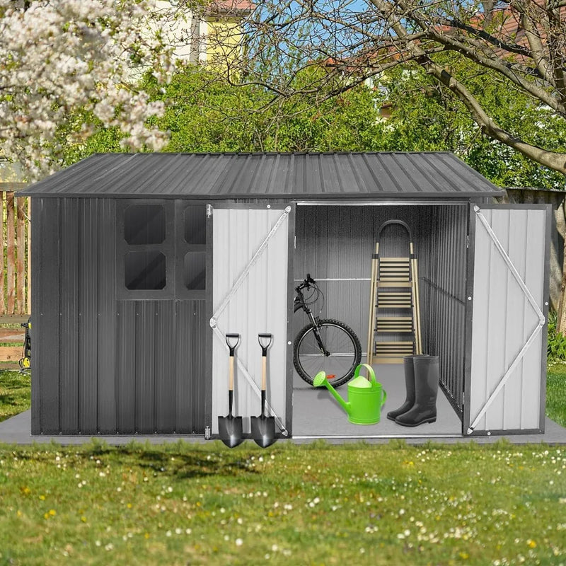 Outdoor Storage Shed, Metal Anti-Corrosion Utility Tool House with Lockable Door Shutter Vents, Outdoor Gardens Storages Sheds