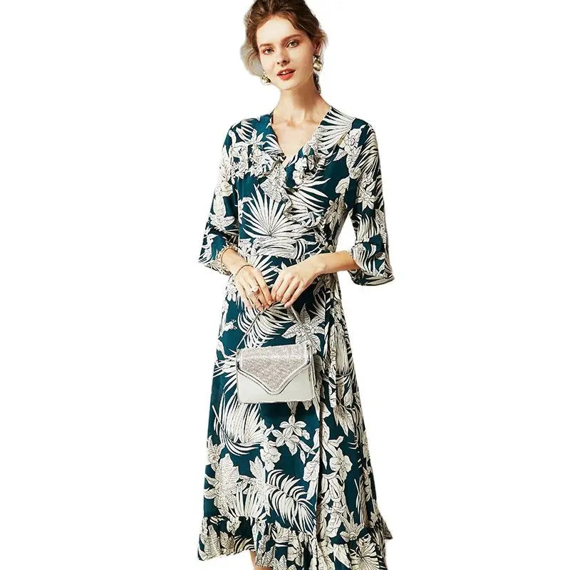 Printed Silk Dress for Women, Half Sleeve, Elegant Female Dress, V-Neck, Ruffled, Summer, New, 2024